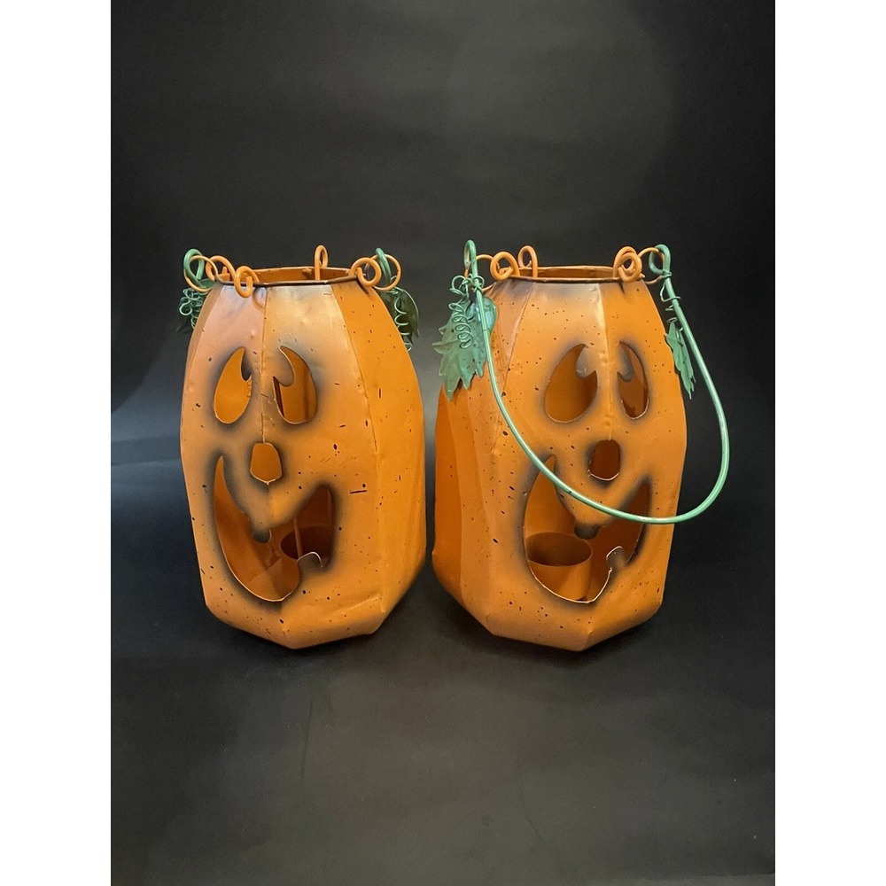 Two Pumpkin Lanterns Metal Faces Light Up Porch Or House